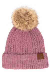C.C Soft cuff Beanie in Mixed Cable Pattern with Faux Fur Pom-HAT-2087