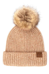 C.C Classic Rib Beanie with Faux Fur Pom-HAT-2074