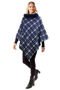 Tweed Pattern Poncho with Faux Fur Collar-LOF1256