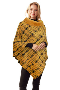Tweed Pattern Poncho with Faux Fur Collar-LOF1256