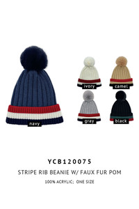 Strip Ribbed Knit Cuff Beanie with Faux Fur Pom-YCB120075