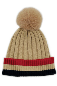 Strip Ribbed Knit Cuff Beanie with Faux Fur Pom-YCB120075