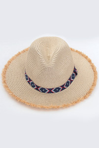 FRAYED TRIM AZTEC STRAW HAT-MH0038