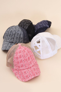 C.C FLOWER EMBROIDERY EYELET CRISS CROSS PONYCAP-BT-1011