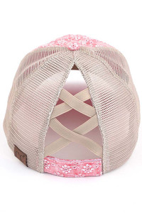 C.C FLOWER EMBROIDERY EYELET CRISS CROSS PONYCAP-BT-1011