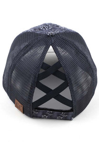 C.C FLOWER EMBROIDERY EYELET CRISS CROSS PONYCAP-BT-1011