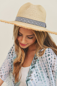 Frayed Trim Aztec Summer Straw Sun Hat-MH0039
