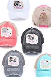 C.C DISTRESSED TOP KNOTS AND COFFEE PATCH PONYCAP-BT-1001