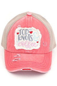 C.C DISTRESSED TOP KNOTS AND COFFEE PATCH PONYCAP-BT-1001