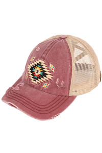 C.C AZTEC PATCH DISTRESSED PONY CAP-BT-1018