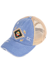 C.C AZTEC PATCH DISTRESSED PONY CAP-BT-1018
