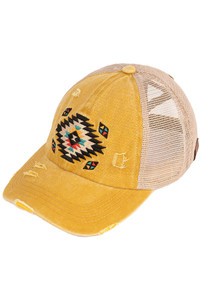 C.C AZTEC PATCH DISTRESSED PONY CAP-BT-1018