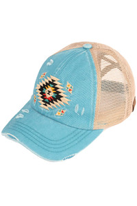 C.C AZTEC PATCH DISTRESSED PONY CAP-BT-1018