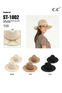 C.C beanie panama straw sun hat with suede lace trim band
