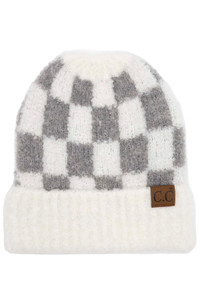 C.C CHECKERED PATTERN BOUCLE CUFF BEANIE-HAT-4011