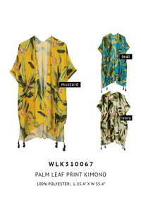 Palm Leaf Print Tassel Kimono-WLK310067