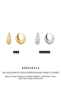 14K Gold Dipped Huggie Hoop Brass Cz Paved-SJE310211