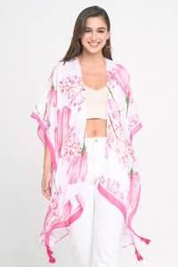 Floral Print Tassel Kimono-WLK310380