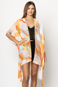 Paint Brush Print Tassel Kimono