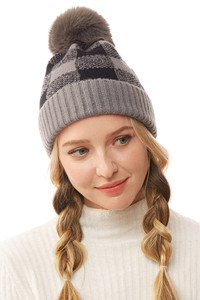 Buffalo Check Beanie with Pom Pom-LOH167