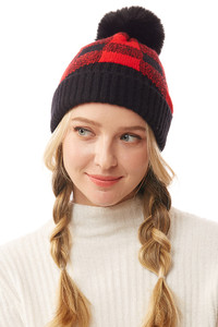 Buffalo Check Beanie with Pom Pom-LOH167