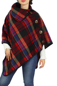 Plaid Poncho With Coconut Button-EPC10052