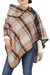 Plaid Poncho With Coconut Button-EPC10052