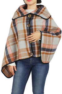 Plaid Poncho With Coconut Button-EPC10052