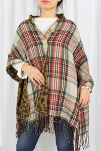 Plaid and Leopard Reversible Poncho-EPC10077