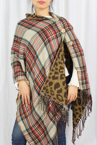Plaid and Leopard Reversible Poncho-EPC10077