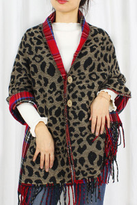 Plaid and Leopard Reversible Poncho-EPC10077