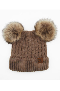 C.C DOUBLE POM POM ALL OVER CABLE KNIT BEANIE-HAT-2055