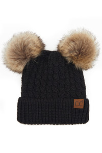 C.C DOUBLE POM POM ALL OVER CABLE KNIT BEANIE-HAT-2055