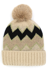Chevron PomPom Fuzzy Fleece Beanie-MH0135