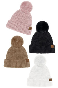 C.C Waffle Knit Pattern Cuff Pom Beanie-HTE0032