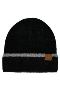 C.C Feather Yarn Cuff Beanie with Stripe-HTC0039