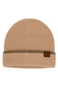 C.C Feather Yarn Cuff Beanie with Stripe-HTC0039