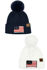 C.C USA American Flag Chenille Patch Pom Beanie-HTE0056