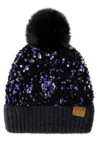 C.C Sequin Fur Pom Beanie-HTE0012