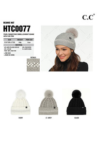C.C Pearl Rhinestone Embellishment Beanie with Fur Pom-HTC0077