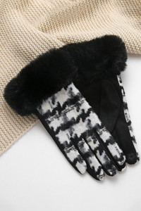 Wide Houndstooth Pattern with Faux Fur Trim Glove-CG3113
