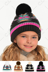 C.C KIDS Southwest Pattern Faux Fur Pom Beanie-KD-HTE0030