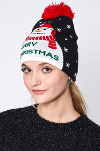 Merry Christmas Snowman Christmas Holiday Pom Beanie-WCB320033