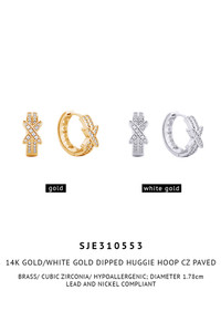 14K Gold/White Dipped Huggie Hoop Cz Paved Earring-SJE310553