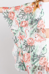 Ruffle Lined Tropical Flamingo Crochet Cover Up-MS0358