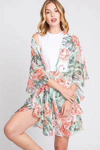 Ruffle Lined Tropical Flamingo Crochet Cover Up-MS0358
