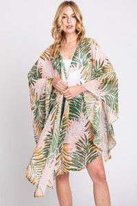 Tropical Leaves Print Shawl Cover Up
