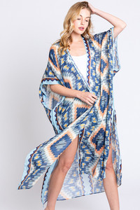 Aztec Print Open Front Long Kimono
