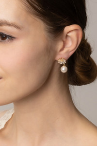 14K Flower Crystal Top Pearl Post Earrings