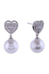 14K Crystal Heart Top Pearl Dangle Earrings
